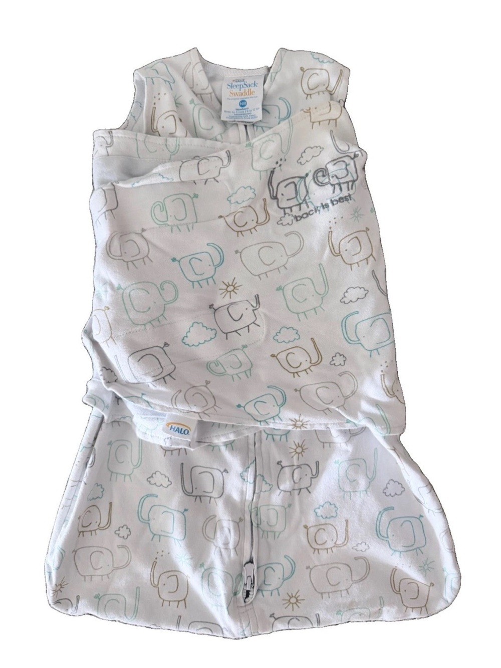 Halo SleepSack Swaddle Newborn (birth - 3m), Elephant Print Cotton, 6-12lbs, GUC